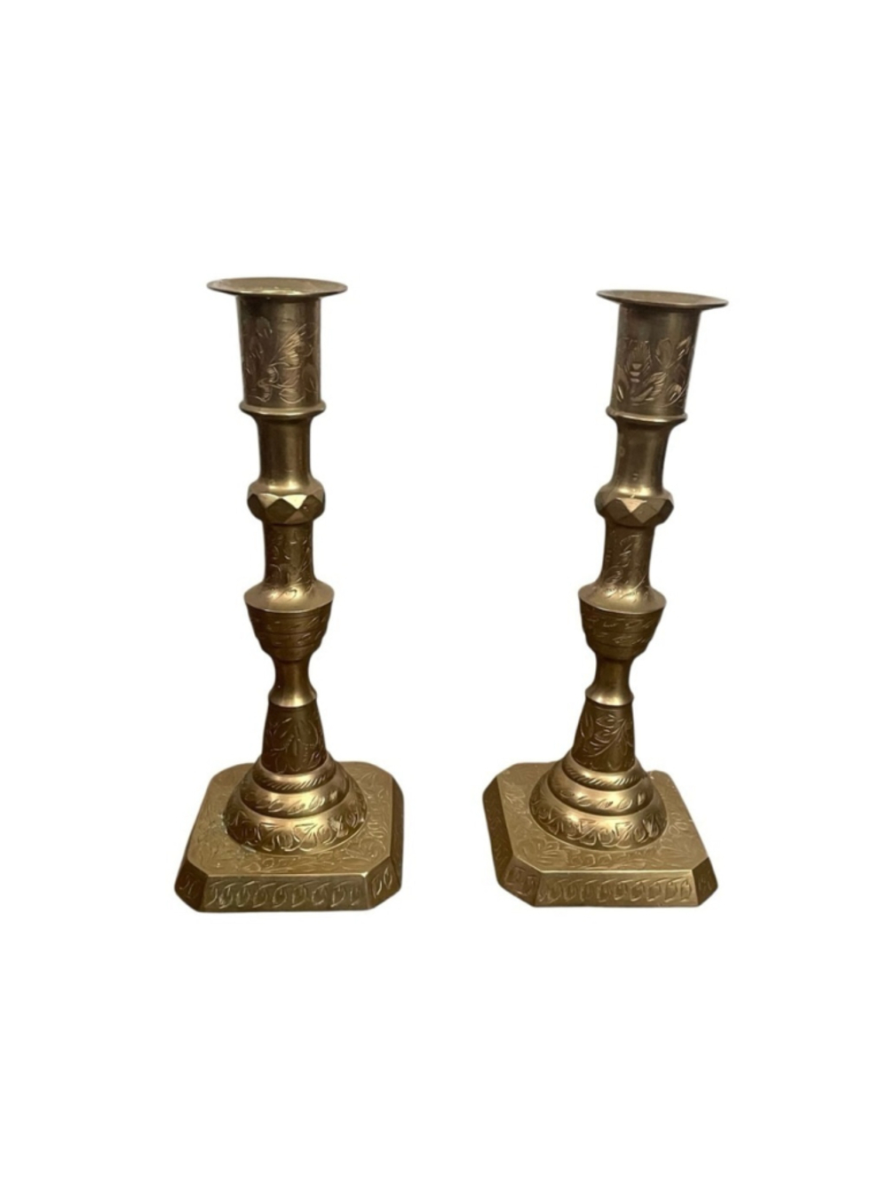 VINTAGE Set of 2 Brass Etched Candlestick Holders 9”